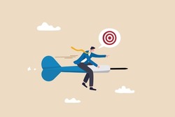 Aiming for target or goal, determination and strategy to reach target and achieve business success, aspiration and direction to win and victory, confidence businessman riding dart aiming for target.