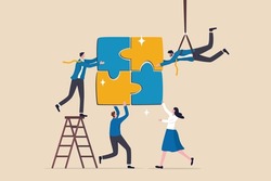 Collaboration work together to solve problem, teamwork unite together to achieve success, connected people or community help finding solution concept, business people team succeed solve jigsaw puzzle.
