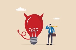 Bad idea cause problem and failure, stupid mistake or poor idea, disappointment from rejected, evil and negative opinion concept, confused businessman looking at devil lightbulb doubting it bad idea.