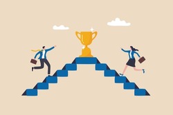 Business competition, employee motivation to success, rivalry or conflict, contest or challenge to achieve target, effort concept, businessman and businesswoman walk up stair compete to win trophy.