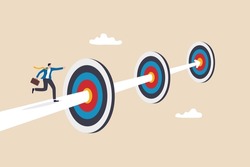 Achievements or challenge to achieve targets and business goals, objectives and purpose, journey to succeed in work and career concept, confidence businessman running on arrow way through targets.