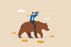 Bear market investment, looking for profit in market fall, crypto or stock trading strategy in bearish market, analyze or forecast trend, businessman investor riding bear looking through binoculars.