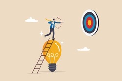 Idea to achieve target, strategy or planning to achieve goal, innovation to insight to reach target, solution or creativity concept, businessman climb up ladder on lightbulb idea to shoot at target.