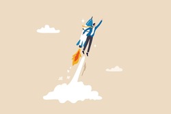 Business takeoff, start new job or boost growing speed to success, ambition, leadership or innovation for advantage concept, businessman with rocket booster takeoff fast flying to new challenge.