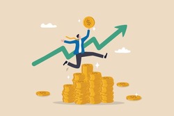 Success investing, growing wealth or being rich from pension or mutual fund, stock market return, money or financial success concept, rich businessman jump high on money coin stack with growth graph.