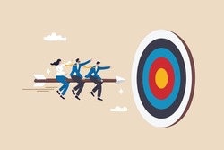 Teamwork aiming for target, business goal or achievement, focus on goal, objective or purpose, company direction or collaboration partner concept, business people team riding arrow to hit bullseye.
