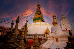 View of Swayambhunath Stupa, also known as Monkey Temple in the Kathmandu valley of Nepal.