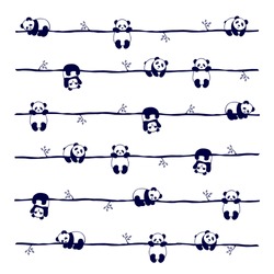 vector seamless pattern cute little Panda bear in different poses, on white background