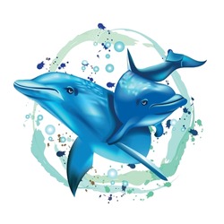 Dolphins realistic cartoon. Family dolphins. Watercolor. Wall stickers