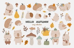 Autumn set, autumn clip art, collection of design elements with leaves, pumpkins, cute animals, mushrooms and others. Hand drawn childish vector illustration.