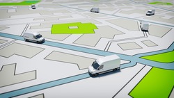 Trucks on a road city map. Concept of global shipment and GPS tracking