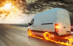 Super fast transportation service with a white van with wheels on fire