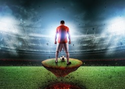 Football player on a fiery field ready to kick the ball