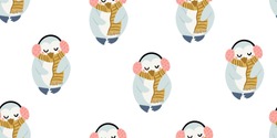 Cute penguins with headphones seamless pattern in minimalistic scandinavian style on white. Penguin character doodle. Winter kids seamless pattern