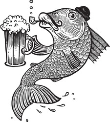 Fish with a beer mug, vector illustration. Drawing with an ink pen and pencil. Collection of fish.