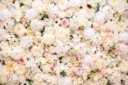 Floral background. Mix flowers, pink and white peonies, roses, hydrangea. floral background