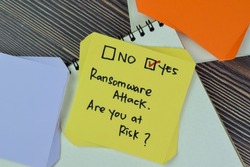 Concept of Ransomware Attack. Are you at risk? Yes write on sticky notes isolated on Wooden Table.