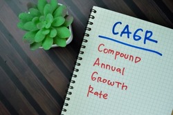 Concept of CAGR - Compound Annual Growth Rate write on a book isolated on Wooden Table.
