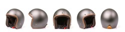 Close up set of new grey vintage helmet. Studio shot isolated on white background