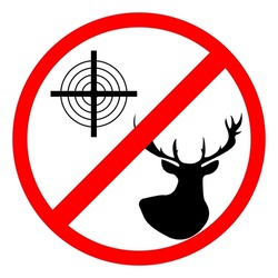 Hunting is prohibited, deer and target on white, red round prohibition sign, vector illustration