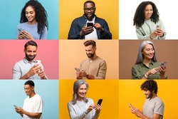 Set of multiracial people using smartphones isolated on color backgrounds, collage of portraits of diverse uneven-aged people with mobile phones in hands, global media community