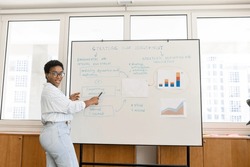 African American female teacher writing on the whiteboard indoor. Multiracial office employee pointing at sales graph on the flipchart and looks into the camera, holding briefing, training