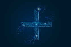 Abstract isolated blue image of a plus or cross sign. Polygonal illustration looks like stars in the blask night sky in spase or flying glass shards. Digital design for website, web, internet.