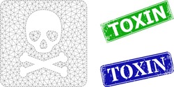 Mesh death box model, and Toxin blue and green rectangular rubber stamp seals. Mesh wireframe image created from death box pictogram. Seals contain Toxin tag inside rectangular form.