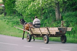 A peasant on a horse with a cart on the road
