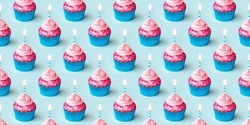 Seamless background repeating pattern of birthday cupcakes decorated with a birthday candle