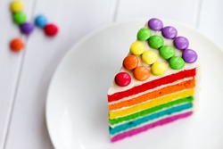 Colorful slice of rainbow layer cake