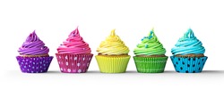 Row of colorful cupcakes isolated on a white background