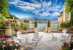 Mediterranean terrace with delicate tables. Digital mural. Digital fresco.