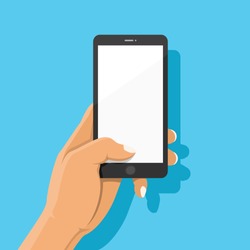 Hand holding black smartphone and finger touch on blank white screen on blue background with shadow. Human using mobile phone, Vector illustration flat cartoon design concept.