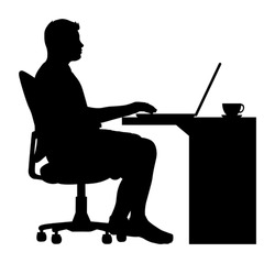 Vector Man Sitting In An Office Chair At Desk With Laptop And Coffee Cup Silhouette