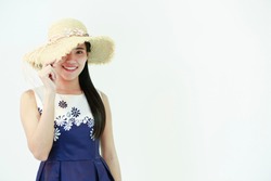 Portrait beautiful cute and fashionable model girl in dress blouse, white blue skirt, stylish hat smiling and posing in studio at white background. Look straight. Fasion icon.