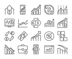 Stock Quotes icons. Stock quotes, charts and data analysis line icon set. Vector illustration. Editable stroke.