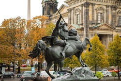 Statue of the goddess of battle in front of the museum on Museum Island, Berlin, Germany