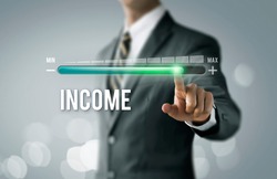 Increase income, Boost income or business growth concept. Businessman is pulling up progress bar with the word INCOME on bright tone background.