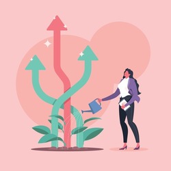 Business growth, investment growth, start-up, increase profit margin, income or stock concept. Businesswoman is watering growing arrow plants in pink background.