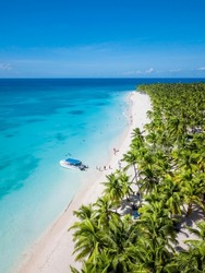 Aerial view of Saona Island in Dominican Republuc. Caribbean Sea with clear blue water and green palms. Tropical beach. The best beach in the world.