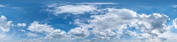 blue sky hdri 360 panorama with white beautiful clouds. Seamless panorama with zenith for use in 3d graphics or game development as sky dome or edit drone shot for sky replacement	