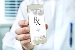 Electronic prescription. Mobile E-prescription app. Doctor giving list of medicine to patient. Pharmacist holding smartphone with an imaginary medical application.