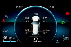TPMS (Tyre Pressure Monitoring System) with temperature measurement monitoring display on car dashboard panel. Checking tires pressures and temperature. Car cluster with speedometer and fuel gauge.