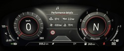 Car dashboard panel with speedometer, odometer, tachometer, fuel gauge and turbo boost pressure indicator. Modern LCD instrument cluster in sport car. Performance details.