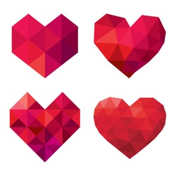 vector collection of polygonal red hearts on white background