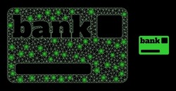 Glossy polygonal mesh net bank card icon with glitter effect on a black background. Carcass bank card iconic vector with glitter spheres in magic colors.