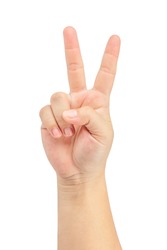 Woman's hand is show two fingers up isolated on white background. Finger symbols of peace strength fight, victory symbol, letter V in sign language or number two or second. Clipping Path.