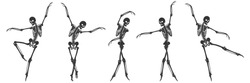 Ballet. Five dancing black silhouettes of skeletons isolated on a white background. Vector illustration