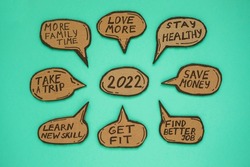 2022 new year resolutions written on the cartoon bubbles on mint color background. Plans are love , stay healthy, save money, find better job, get fit, learn new skill, take a trip, more family time. 